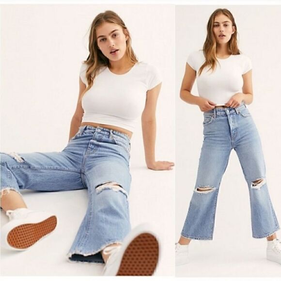 NEW Free People Ranger Denim Distressed Wide Leg Button Fly Jeans Big Sur 26 - Picture 1 of 11